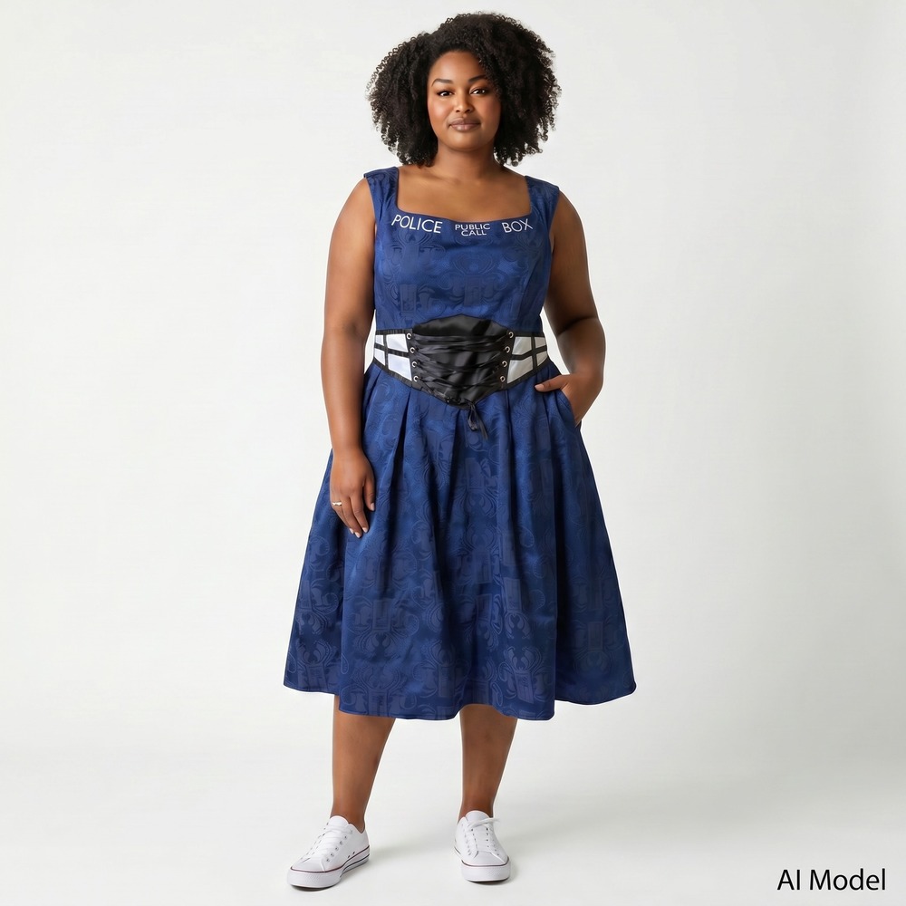 Doctor Who TARDIS Dress Womens 24 Blue Jacquard Cosplay Corset Fit Flare BBC